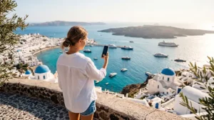 Traveler using a mobile network while exploring the Greek Islands
