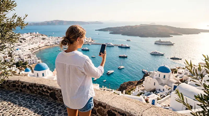 Traveler using a mobile network while exploring the Greek Islands