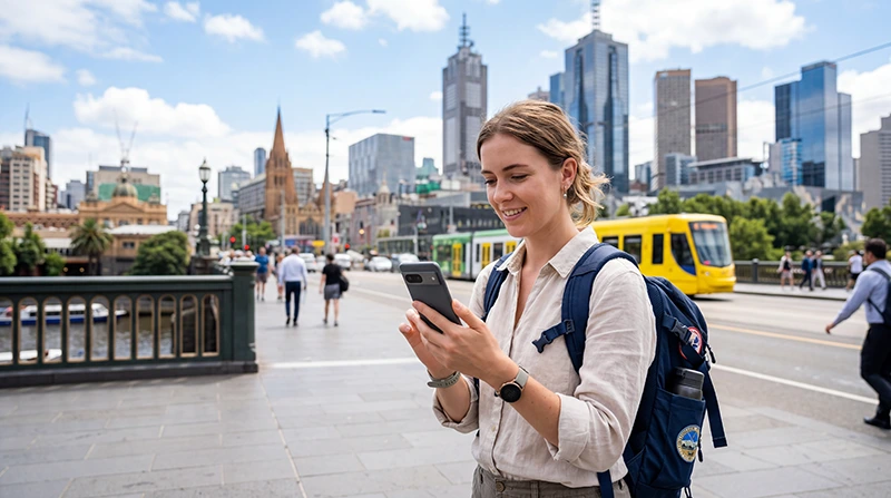 Tourist using mobile network coverage in Australia with an eSIM