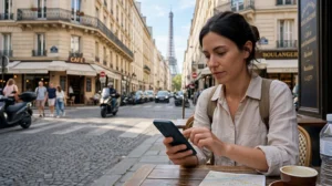 Tourist using France eSIM mobile internet and network coverage while traveling in France