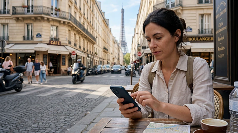 Tourist using France eSIM mobile internet and network coverage while traveling in France