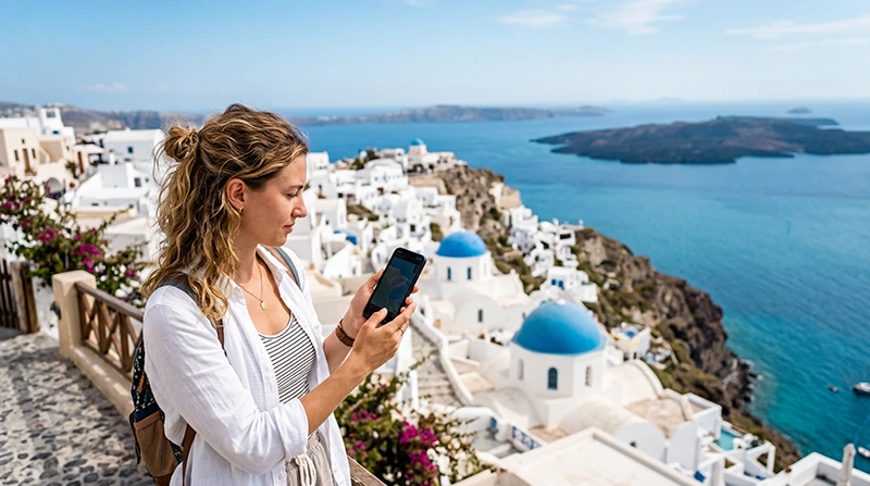 Traveler enjoying reliable mobile network coverage in Greece with an eSIM