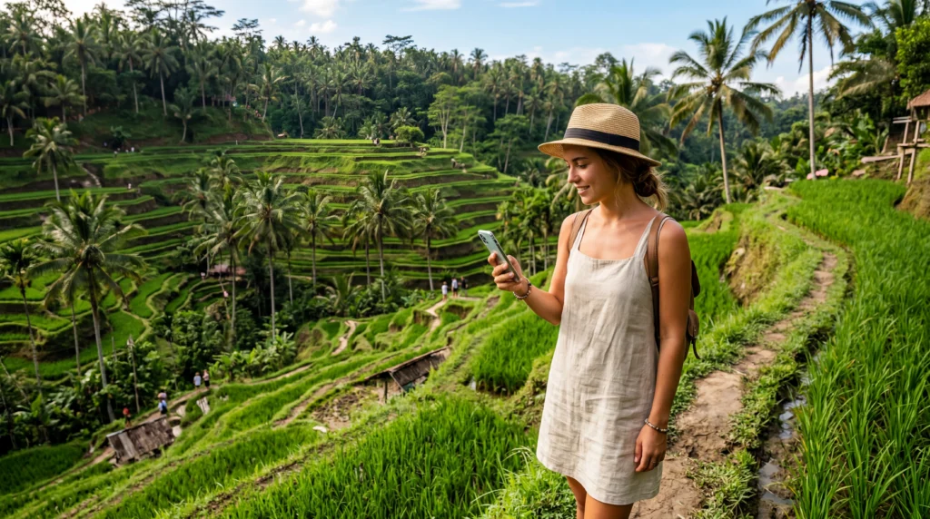 Tourist using a smartphone connected to a mobile network while traveling across Indonesia including Bali and Lombok