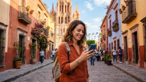 Tourist using mobile internet on smartphone while traveling across Mexico