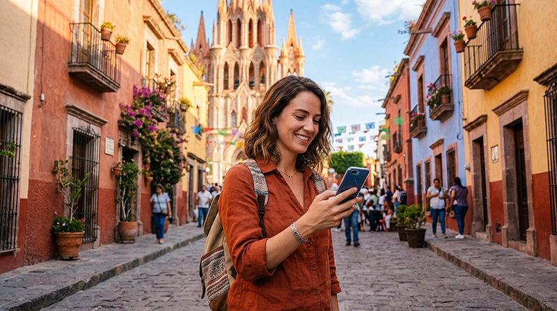 Tourist using mobile internet on smartphone while traveling across Mexico