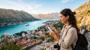 Traveler using the best mobile network while exploring Montenegro