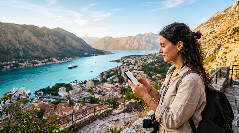 Traveler using the best mobile network while exploring Montenegro