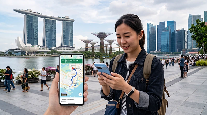Tourist using Singapore mobile network with eSIM for maps, WhatsApp and travel apps