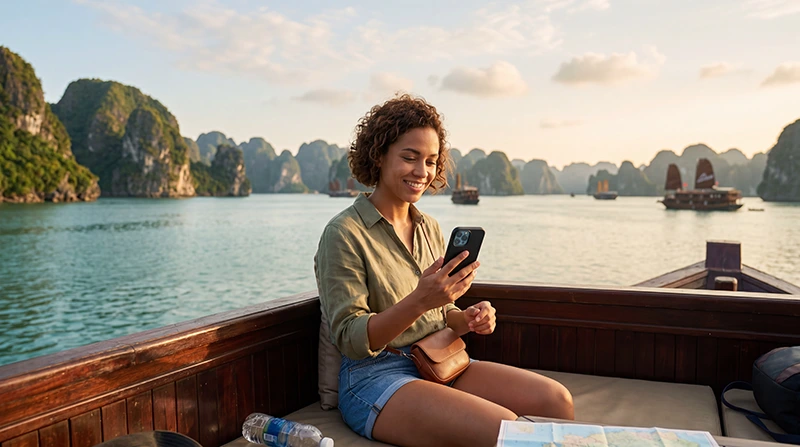 Tourist using a smartphone with strong mobile network coverage while traveling across Vietnam