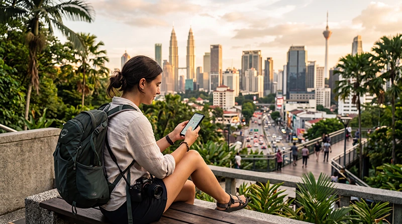 Tourist using a smartphone with reliable mobile network coverage while traveling in Malaysia