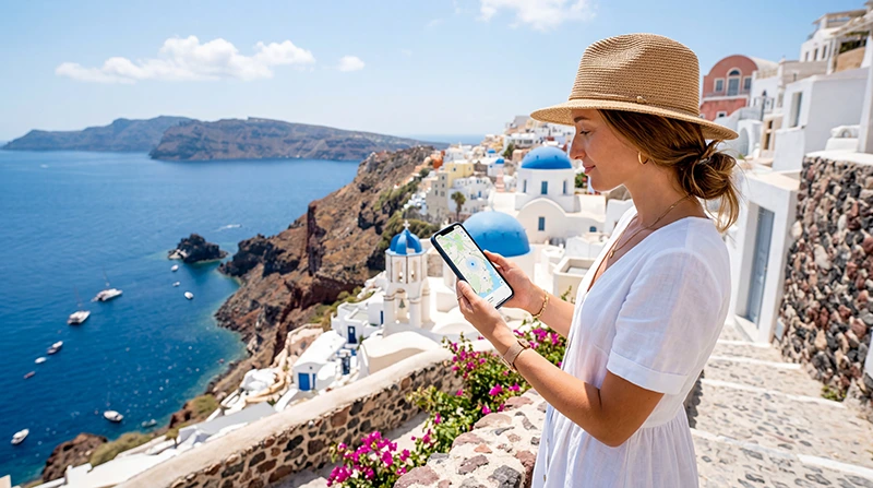 Traveler in Greece using a smartphone with the Aegean Sea and white Greek island buildings in the background