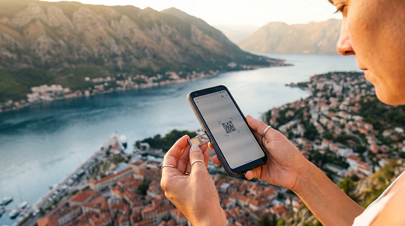 Traveler comparing SIM card and eSIM options for Montenegro