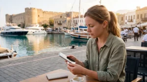 Traveler comparing SIM card and eSIM options for North Cyprus before a vacation