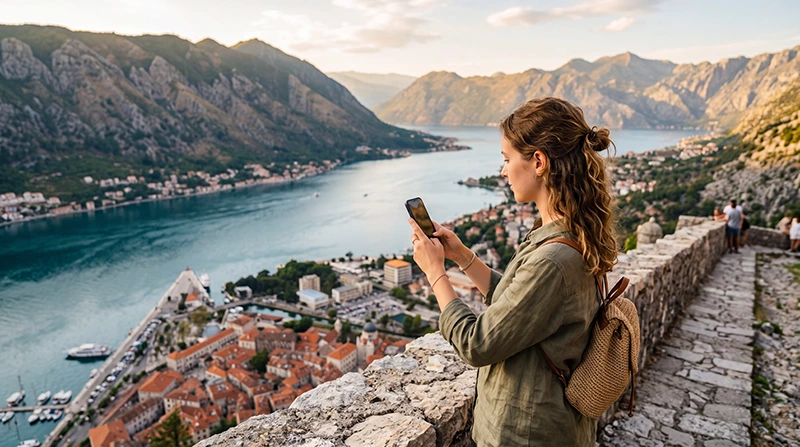 Tourist using mobile internet on a smartphone while traveling in Montenegro