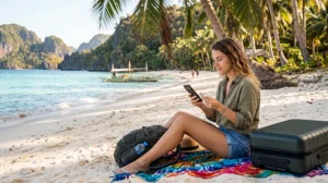 Traveler using smartphone with mobile internet while exploring the Philippines islands and beaches