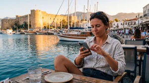 Traveler choosing the best way to get mobile data in North Cyprus