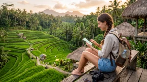 Traveler using mobile internet on a smartphone in Bali, Indonesia while exploring tropical destinations