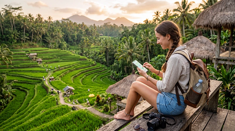 Traveler using mobile internet on a smartphone in Bali, Indonesia while exploring tropical destinations