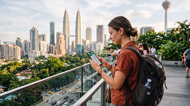 Traveler using mobile internet on smartphone while exploring Kuala Lumpur Malaysia