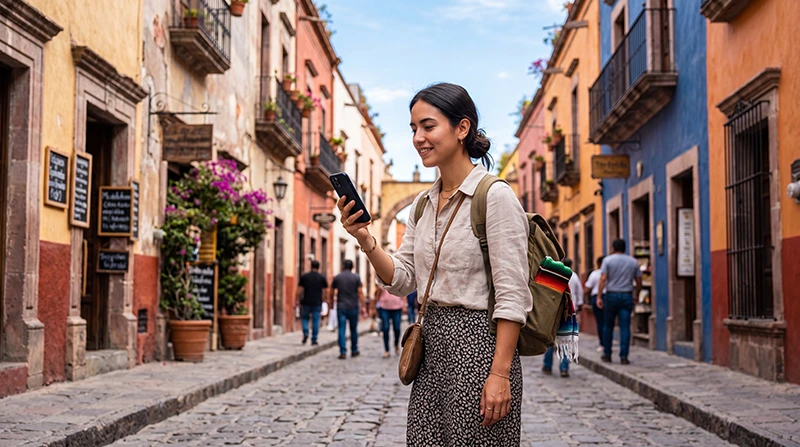 Traveler using smartphone with mobile internet while exploring Mexico