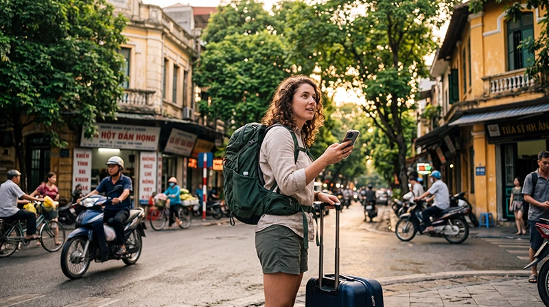 Traveler using mobile internet on a smartphone while exploring Vietnam
