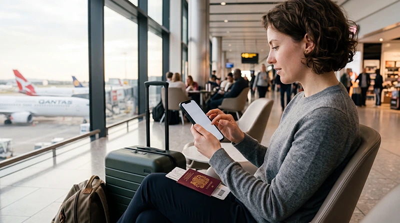Traveler buying and activating an Australia eSIM before departure
