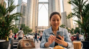 Traveler purchasing and activating an eSIM for Malaysia before visiting Kuala Lumpur and Langkawi