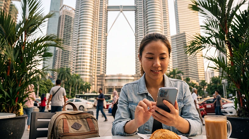 Traveler purchasing and activating an eSIM for Malaysia before visiting Kuala Lumpur and Langkawi