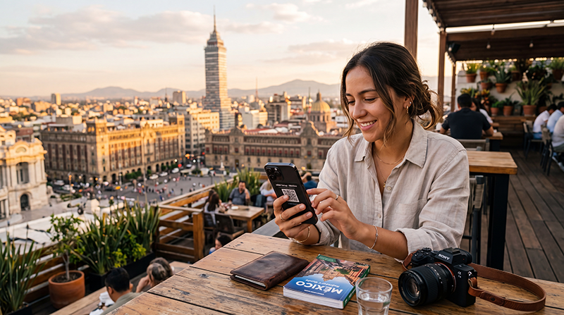 Traveler buying an eSIM for Mexico before a trip to Cancun, Mexico City and Riviera Maya