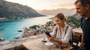 Traveler buying and setting up an eSIM before visiting Montenegro