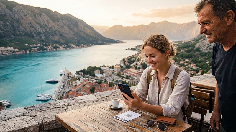 Traveler buying and setting up an eSIM before visiting Montenegro