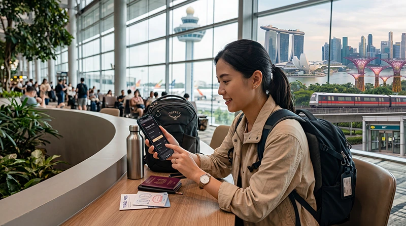 Traveler buying Singapore eSIM for mobile internet before traveling to Singapore
