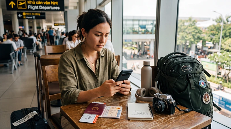 Traveler buying and activating an eSIM for Vietnam before a trip