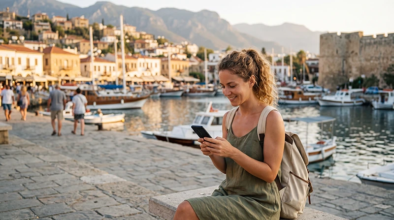 Traveler checking EU roaming on a smartphone in North Cyprus