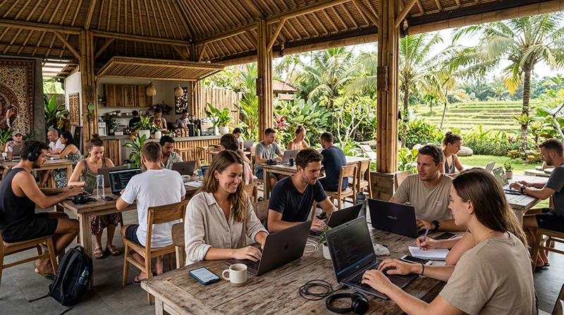 Digital nomads working in a coworking space in Bali with reliable internet and mobile data backup