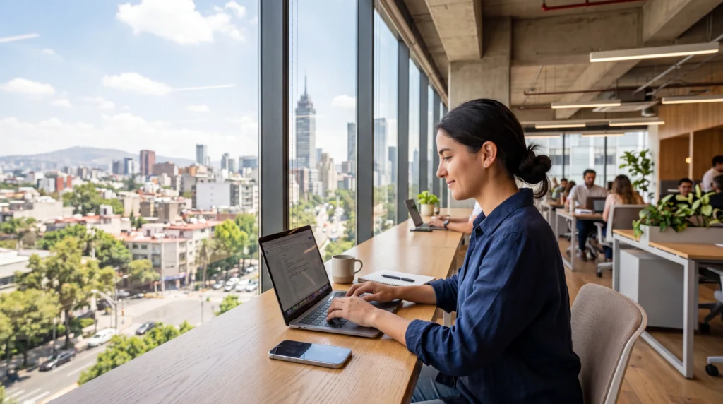 Remote worker using laptop in a coworking space in Mexico City with reliable mobile internet