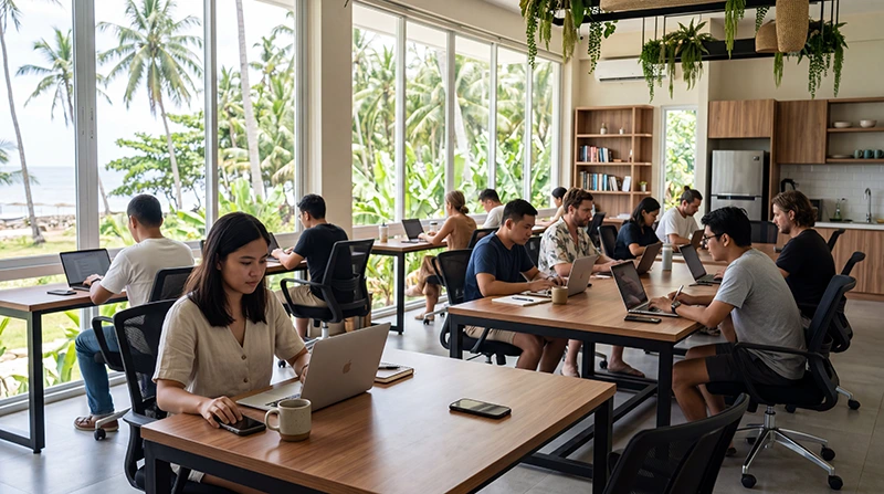 Remote workers using fast internet in a modern coworking space in the Philippines