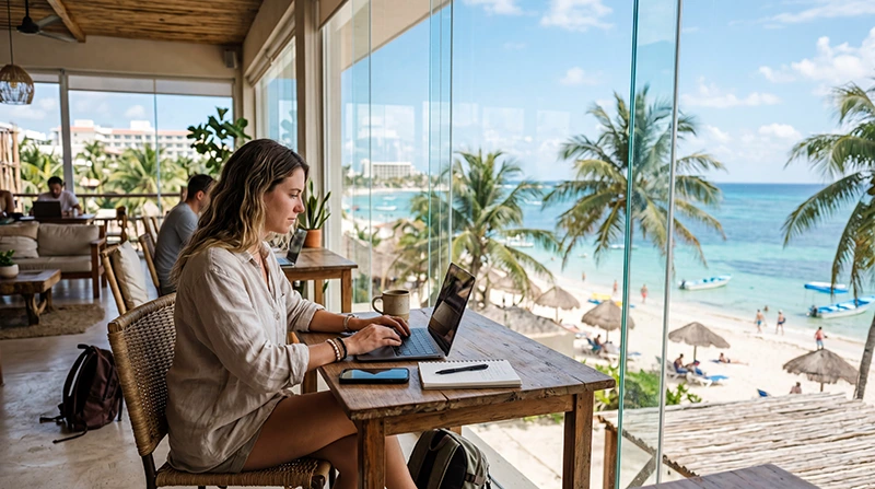 Digital nomad working from a coworking space in Playa del Carmen with reliable internet connection