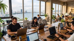 Remote professionals working in a modern coworking space in Vietnam with high-speed internet