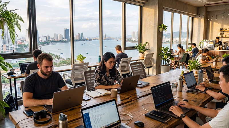 Remote professionals working in a modern coworking space in Vietnam with high-speed internet
