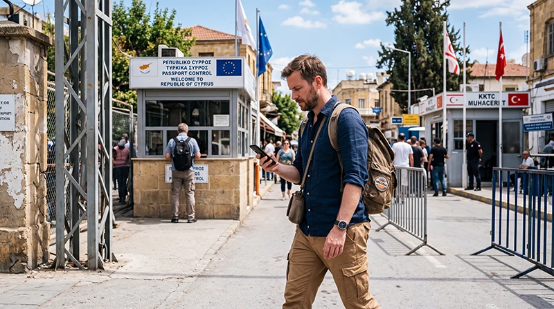 Traveler crossing the Green Line while using mobile data with an eSIM