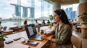 Digital nomad working remotely in Singapore using eSIM mobile internet and laptop