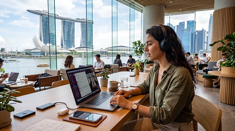 Digital nomad working remotely in Singapore using eSIM mobile internet and laptop