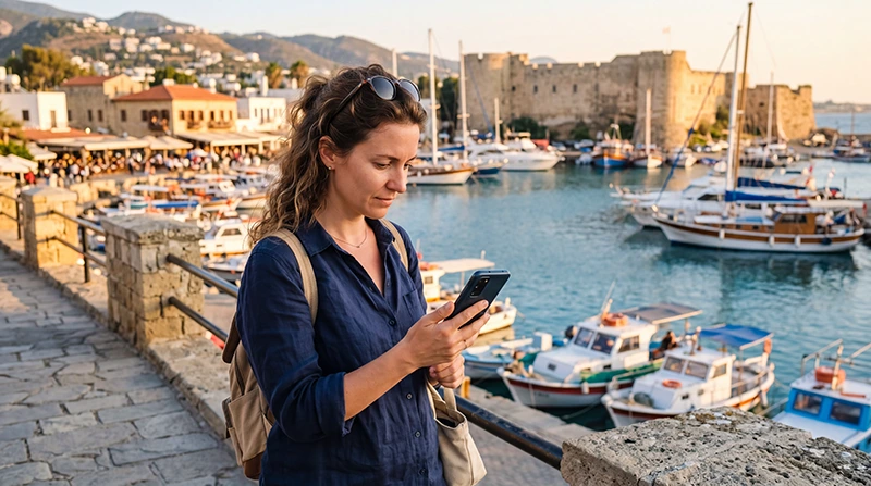 Traveler checking EU roaming with an eSIM in North Cyprus