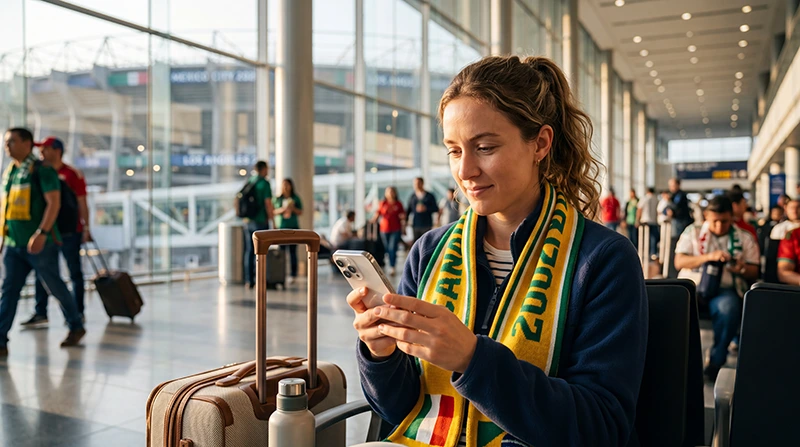 Football fan checking eSIM mobile data coverage during World Cup 2026 in North America