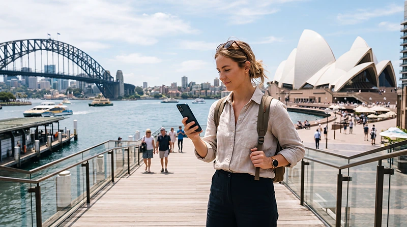 Traveler checking if their eSIM works in Australia while using mobile data