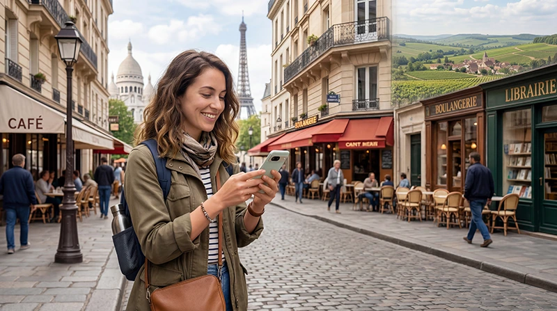 Traveler using France eSIM mobile internet while traveling in France