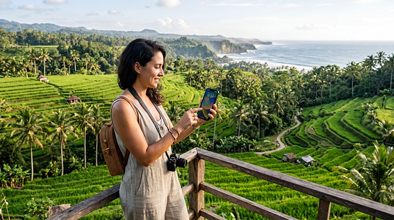Traveler checking whether an eSIM works in Indonesia while using a smartphone in Bali