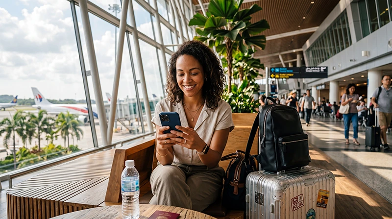 Traveler checking eSIM compatibility before using mobile internet in Malaysia