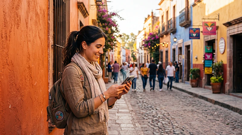 Traveler checking if an eSIM works on a smartphone while traveling in Mexico